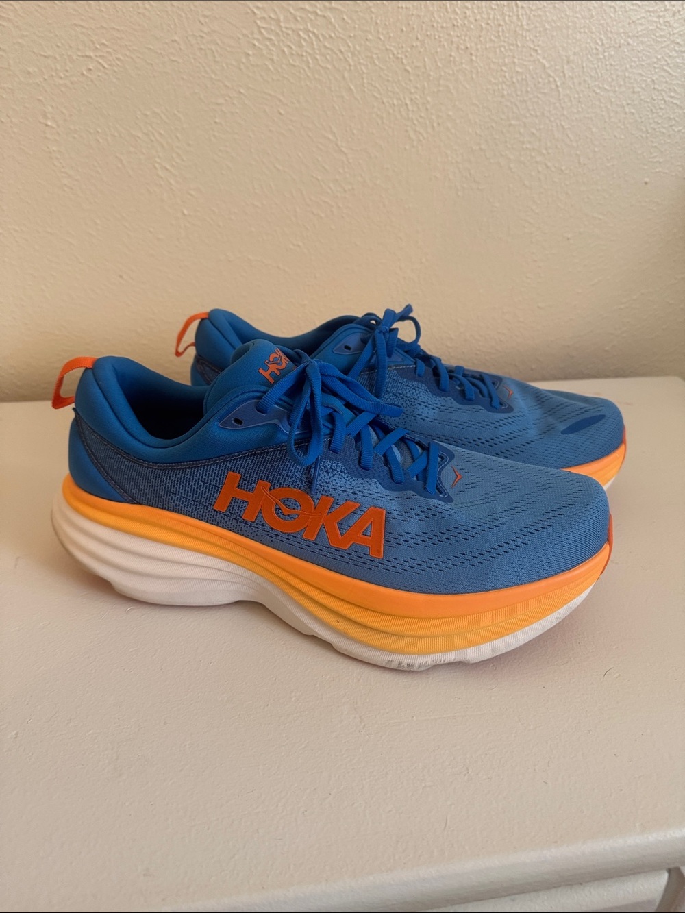 Men’s Hoka Bondi 8 Blue and Orange Athletic Running Sneakers